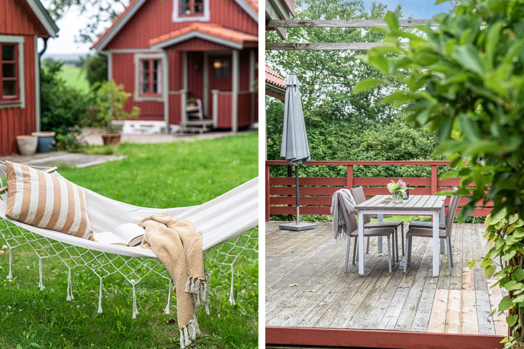 Trädgård med hängmatta och uteplats vid röd torpstuga åt HusmanHagberg